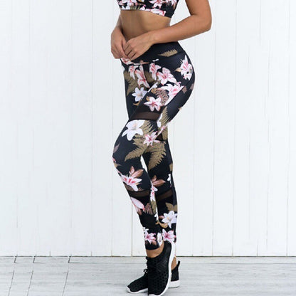 Lily Print Three Stage Mesh Stitching Running Sports Yoga Pants Women